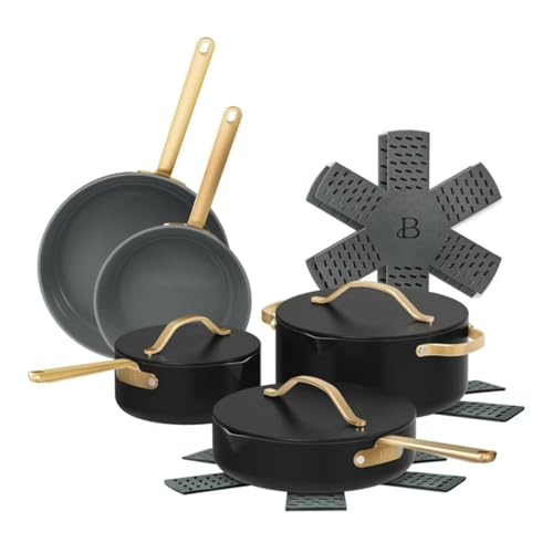 Pans 12pc Ceramic Non-Stick Cookware Set by Drew Barrymore Pots & Pans with Lids DishwasherSafe SoftTouch Handles EvenHeat Base. (Black Seaseme)