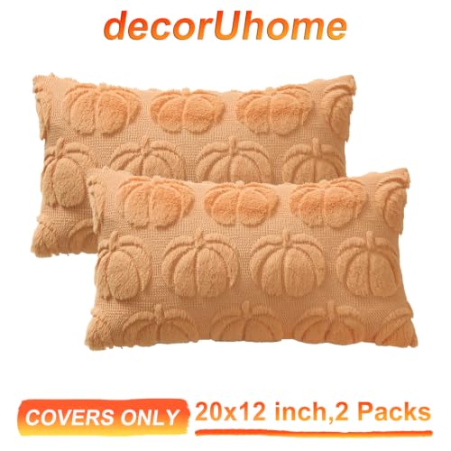 Image of decorUhome Fall Decorative Pumpkin Throw Pillow Covers 12x20 Set of 2, Soft Faux Fur Plush Farmhouse Accent Pillow Cases for Couch Bed Sofa Autumn Harvest Halloween Holiday Home Decor