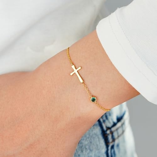 Birthstone Cross Bracelet for Women – Christian Gifts Birthday Gifts for Women, Baptism Gifts for Women, 18K Gold Plated, 5A Zirconia, Triple-Layered Finish, Size 6-8 ''4