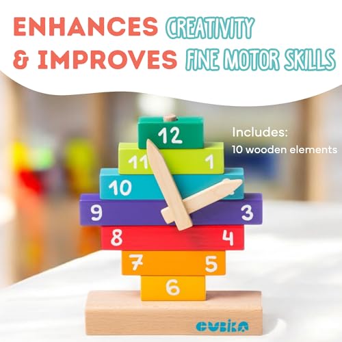 Image of CUBIKA Wooden Clock Construction Kit - Montessori Stacking Toy for Toddlers Ages 3+ - Made from Natural Wood with Water-Based Paints - Travel-Friendly Educational Gift for Boys & Girls