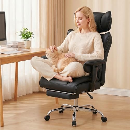 Image of DUMOS Big and Tall Home Office Desk Chair, Ergonomic Executive Chair with Footrest, Computer Gaming Chairs with High Back Reclining, Adjustable Armrests and Comfy Lumbar Support, PU Leather, Black