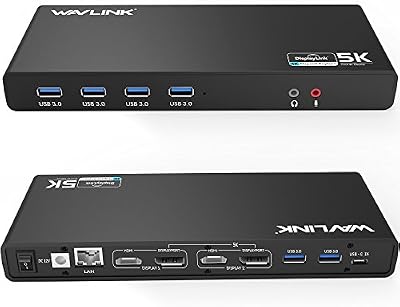 WAVLINK USB C＆3.0 Ultra 5K Docking Station HD Dual Video Multifunción Display con 2x5K DP Puertos, 2x4K HDMI Puertos, 6xUSB 3.0, Gigabit Ethernet, Audio out y Mic in