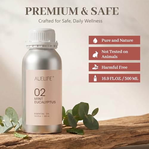 Image of Auelife 16.9oz (500 ml) Mint & Eucalyptus Essential Oils for Diffusers for Home, Large Aluminum Bottle Fragrance Oil for Candle & Soap Making, Aromatherapy Oil for DIY Scents & Home Fragrance