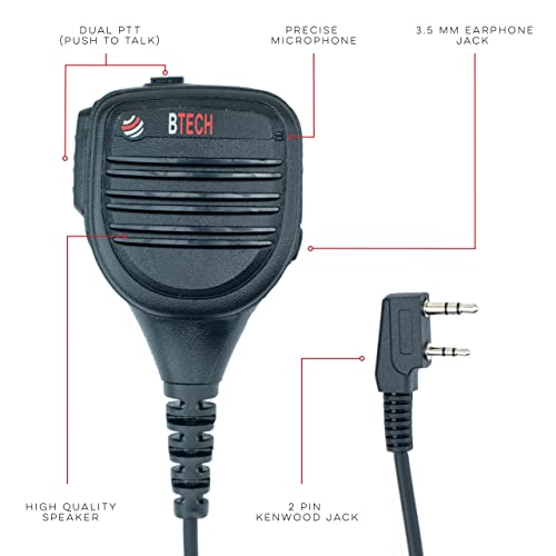 BTECH QHM22D Dual Push-to-Talk (PTT) Speaker Mic, Platinum Series IP54 Rainproof Shoulder Mic for BaoFeng, BTECH, Kenwood Radios