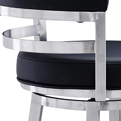 Armen Living Madrid 30" Seat Height Swivel Modern Black Faux Leather and Brushed Stainless Steel Bar Stool for Kitchen Island Counter by Armen Living - Image 4