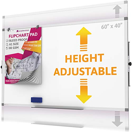 Whiteboard - Height Adjustable Magnetic Dry Erase Board - Large White Board for Wall with Flip Chart Holders and Paper Pad, Marker Tray Perfect for Your Business, School, Home (60x40)