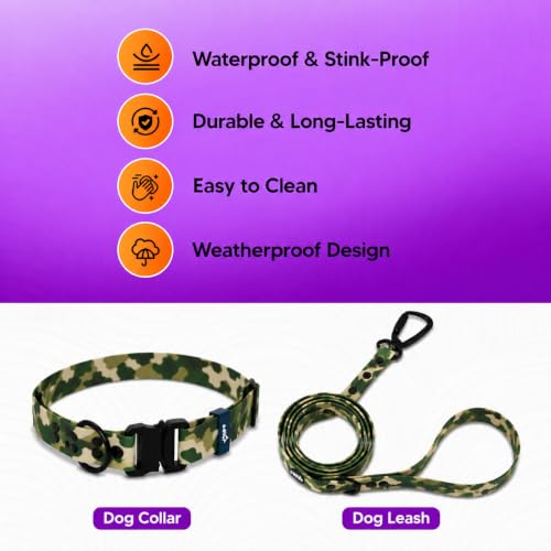 Image of Adil's Biothane Waterproof Dog Collar, Dog Leash & Collar Leash Combo | Heavy Duty TPU Coated Webbing | Adjustable Quick Release Buckle | Odour Resistant (Army Print, L-22, Collar & Leash Combo)