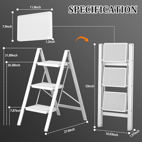 DIAMONDFORGE 3 Step Ladder, Folding Step Stool with Anti-Slip Wide Pedal, Anti-Slip Feet, Sturdiest Steel Construction, 600lbs Capacity Steel Ladder for Home and Office, White by DIAMONDFORGE - Image 2