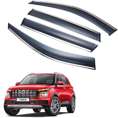 Image of CAR SAAZ Chrome Line Door Visor for Venue (2019-2022) (Set of 4Pcs) | Wind Deflector, Rain Guard