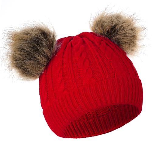 Yolyoo Fashion Winter Beanie Hat for Kids Baby,Knitted Warm Faux Fur Pompom Toddler Hat for Gils Boys White (US, Age, 0 Months, 6 Years, Red)