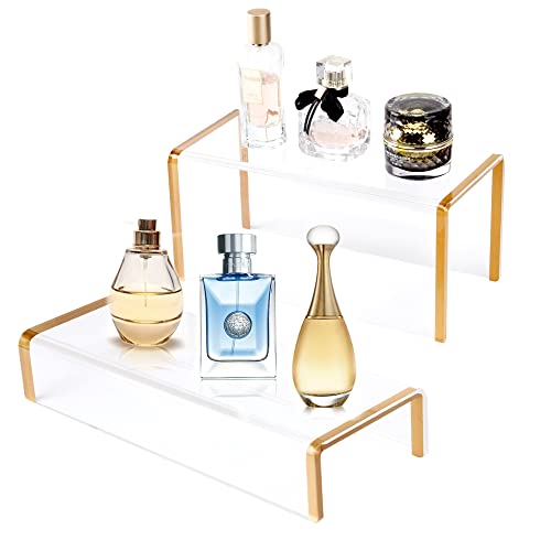 Shunkaizs Two-Piece Clear Acrylic Heightened Display Stand, Shoe And Handbag Stand, Window Display Stand, Gold Rim Cupcake Stand, Perfume Cosmetic Display Stand #TOP1
