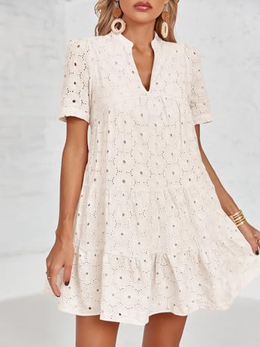 Image of Imily Bela Womens Summer Lace Dresses Eyelet Casual Flowy Babydoll Swing Short Sleeve V Neck Tunic Dress