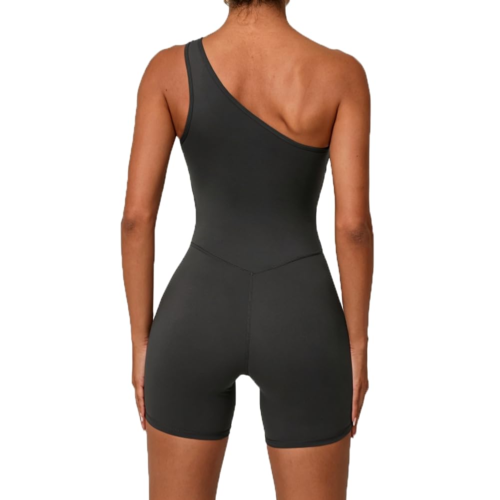 Damski Kombinezon Sportowy Na Jedno Ramię Yoga Push Up Krótki Strój Fitness z Wyjmowanymi Wkładkami(M, Carbon Gray)