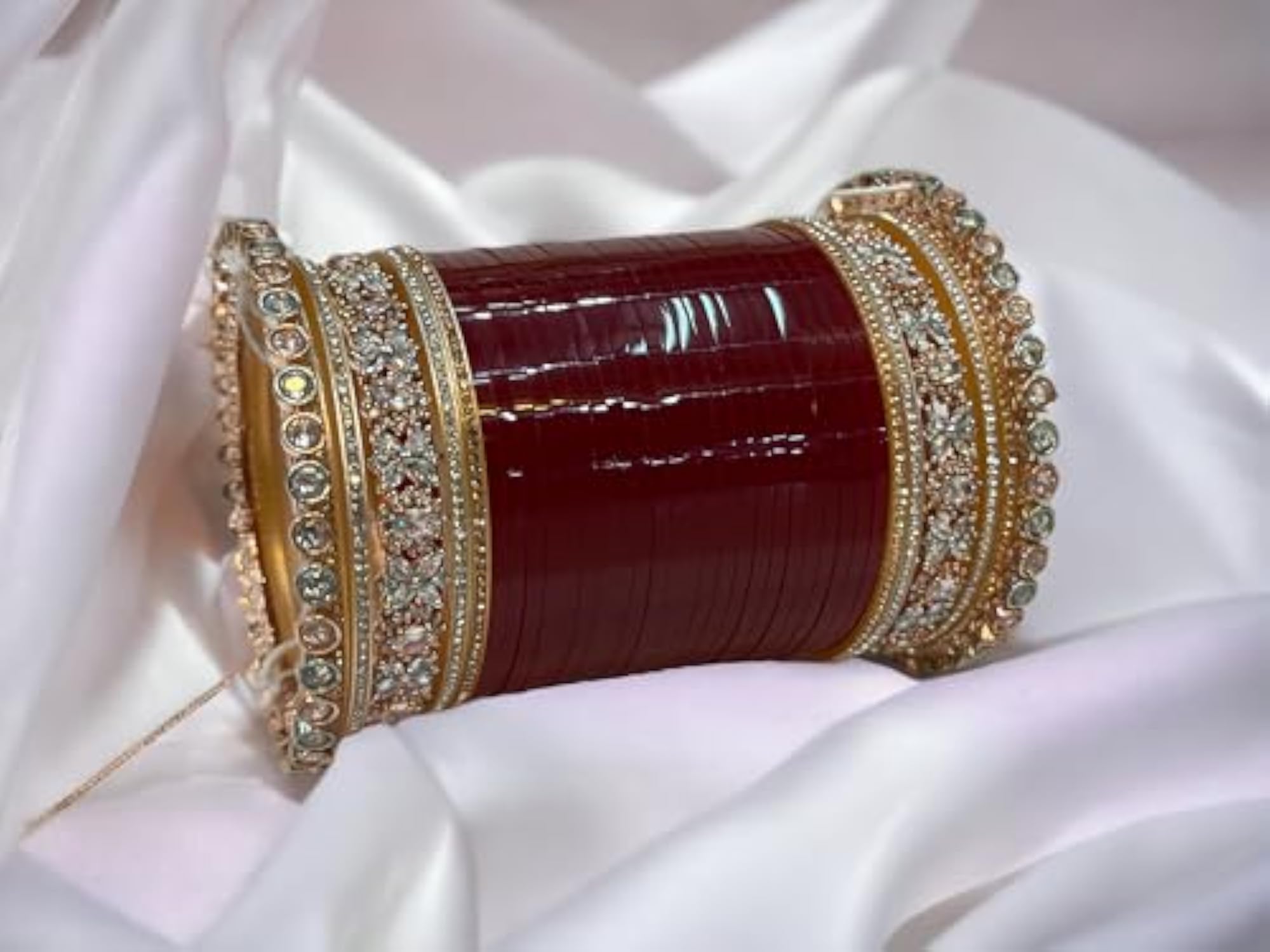 Women's Rose Royal Bridal AD Chuda Set with Wooden Bangle Box