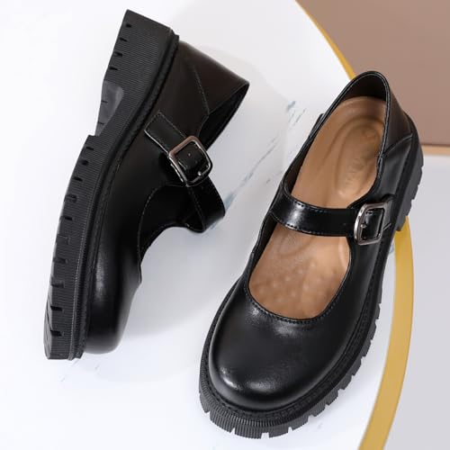 XMM Mary Jane Shoes Black Platform Chunky Mary Janes for Women Ladies Comfort Leather Round Toe Non-Slip Ankle Strap Dressy Casual Cute Girls Kawaii Lolita School Trendy Work Shoes US 7 by XMM - Used condition - Image 3