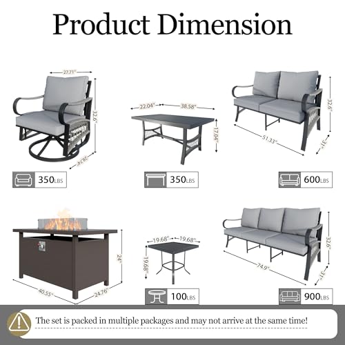 Image of 10-Piece Outdoor Furniture Set, Metal Swivel Rocking Chairs with All-Weather Cushions, Patio Conversation Set with Fire Pit Table for Deck, Porch, Garden, Backyard, Poolside (Gray Cushions)