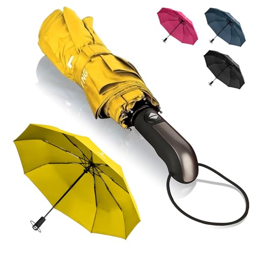STYNGARD Regenschirm sturmfest bis 140 km/h - Taschenschirm mit Auf-zu-Automatik und zertifizierter Teflon-Beschichtung gegen Feuchtigkeitsschäden - langer Griff - Modell TRONDHEIM (Gelb)