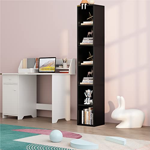 Alisened 68.5" Tall Narrow Bookshelf, 6 Shelf Wooden Corner Bookcase, Modern Skinny Cubes Storage Organizer Display Shelving For Bedroom, Library, Living Room, Home, Office, Black #TOP6