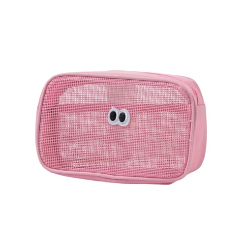 Sunny Glow 横型ポーチ メッシュ 刺繍 目玉デザイン 小物入れ 軽量 コスメ 化粧品収納 レディース メンズ 旅行 持ち運び便利 (ピンク)