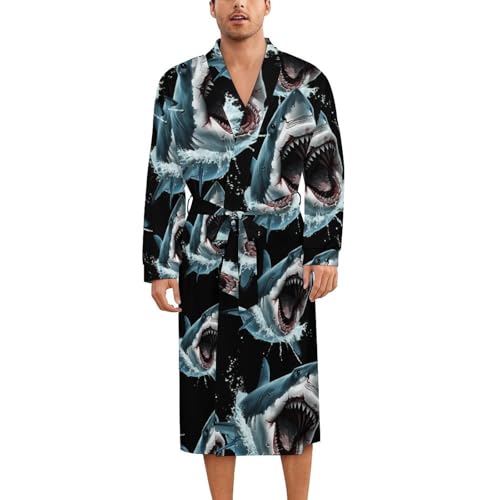 Shark Bite Soft Robe Long Sleeve Bathrobes V Neck Sleepwear Spa Robes with Belt Men Woman