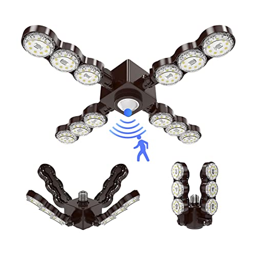 SANSI LED Garage Lights Infrared Sensor, 60w(480W Incandescent Equivalent) Deformable Ceiling Light with 4 Adjustable Panels LED Shop Light 5000K Natural Lighting E26 for Basements, Warehouses