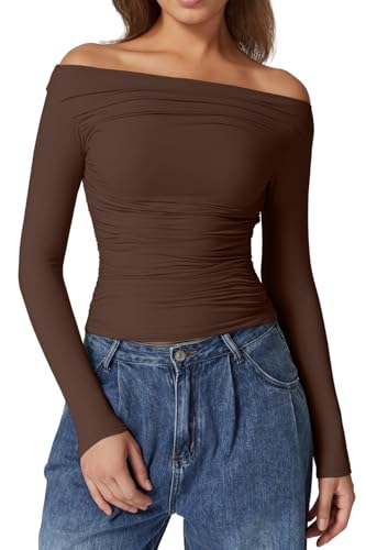 QINSEN Womens Off Shoulder Long Sleeve Tops Ruched Going Out Crop