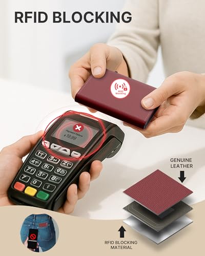 Image of typecase Womens Wallet Card Holder: Pop Up Card Case, Genuine Leather, RFID Blocking, Slim, Minimalist, Thin, Small Size - 9-14 Card Capacity, ID Window, Cash Pocket (Merlot Red)