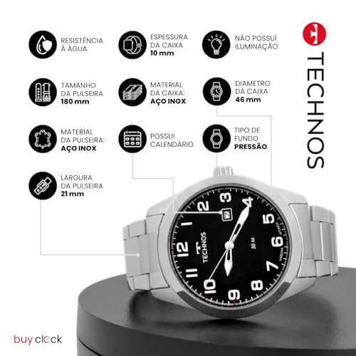 Relógio Masculino Technos Aço Inoxidável Prata Analógico Resistente a Água Original 2115TYN1P