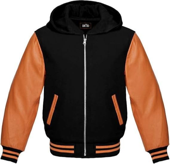 Mens Varsity Hoodie Baseball Letterman Bomber Wool & Genuine Leather Sleeves Zipper Varsity Jacket Men