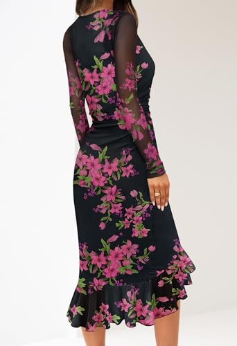 MEROKEETY Women's Long Sleeve Fall Wedding Guest Dress Elegant Classy Bodycon Square Neck Mesh Cocktail Midi Dresses3