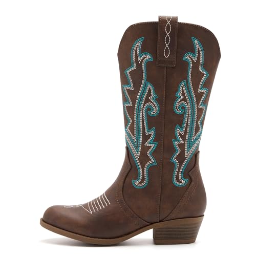 Vodvob Kids Western Boots Embroidered Cowgirl Cowboy Boots Boys Girls Mid Calf Round Toe Riding Shoes Little Kid/Big Kid thumb #1