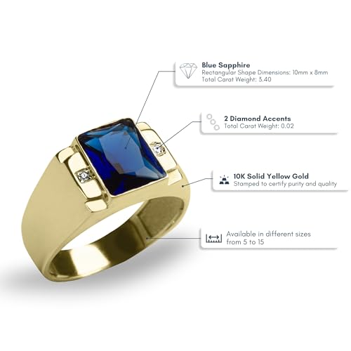 Blake’s Men's 10K Solid Yellow Gold Ring with Baguette-Cut Gemstone Center - Sapphire, Emerald, Ruby, Citrine, Amethyst, or Topaz - and Diamond Accents - Birthstone Fine Jewelry Gift for Him or Dad (Sizes 5-15)3