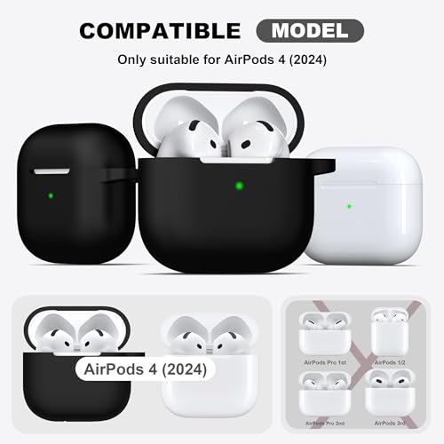 R-fun for AirPods 4 Case with Cleaner Kit,Full Protective Soft Skin Silicone Cover with Keychain for AirPods 4 Gen Case for Men Women,Compatible with Apple AirPods 4th Genaration case 2024,Black