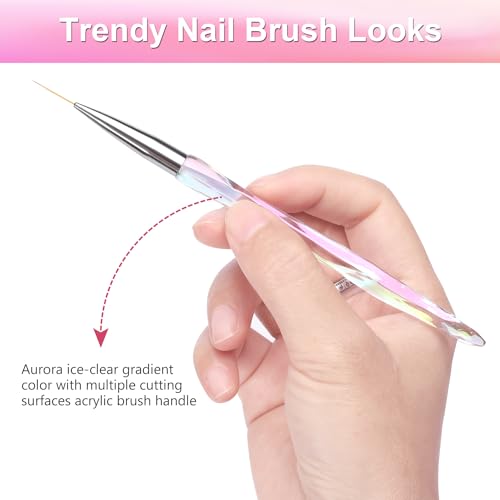 TEOYALL Nail Art Liner Brushes, Fine Line Nail Brush 7/9/11/15/20mm Thin Detail Precision Drawing Brushes for Gel Nail Polish