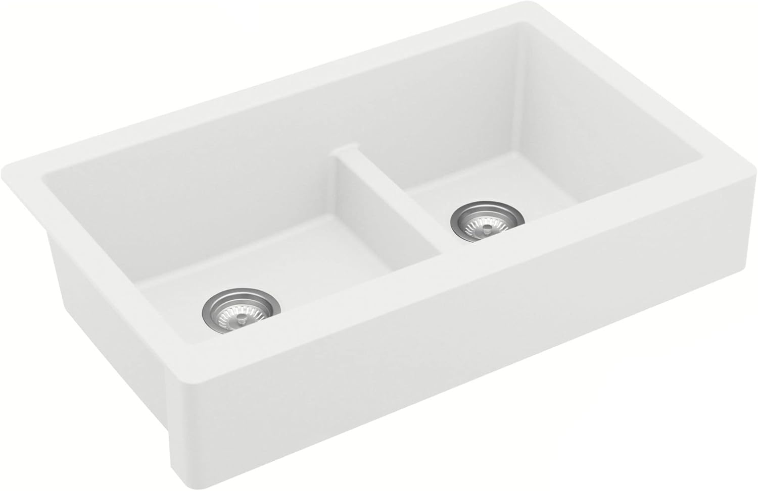Karran 34 Inch Retrofit Farmhouse Sink 60/40 Low Divide Double Bowl Quartz Composite Kitchen Sink, Apron Front, Undermount, Heat & Scratch Resistant, Fits Standard Cabinet, Concrete