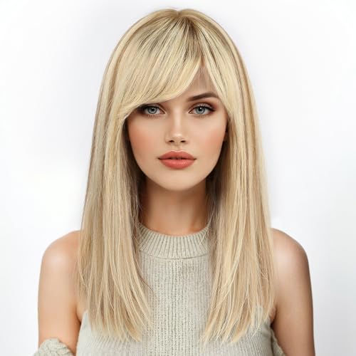 Image of KKU 16 Inch Ombre Golden Brown Human Hair Wigs for Women, Straight Human Hair Wig with Bangs, Remy Human Hair Wigs, Daily Wig
