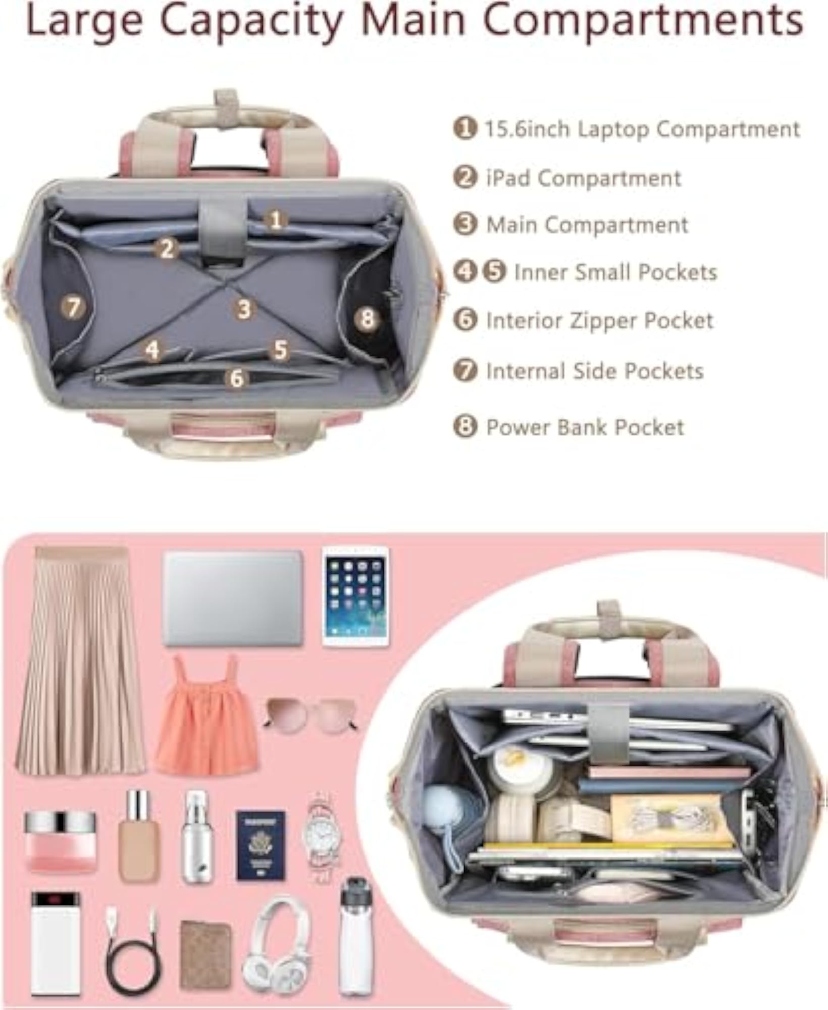 Wide Open Work Large Student Bookbag for 15.6 Inch Laptop