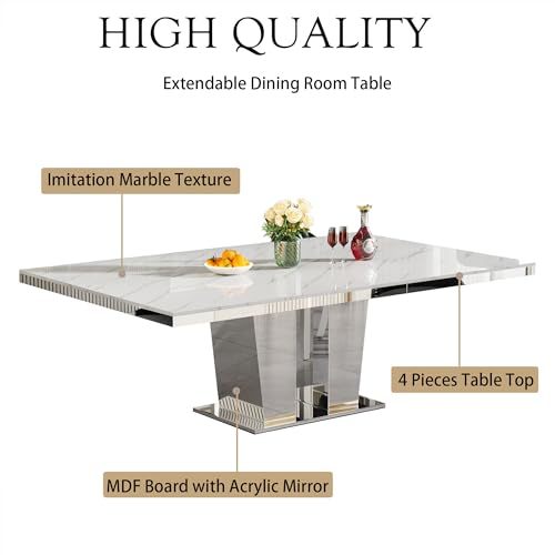 Image of 94.5 inch Rectangular Dining Table for 6 8 10, Modern White Extendable Kitchen Table, Large Long Dining Room Table with Mirrored Pedestal for Dining Kitchen Living Room
