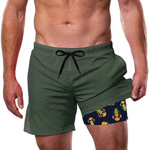 IDGREATIM Badehose Herren Badeshorts Männer Badehose Herren Kurz Sommer Strand Shorts Badehose mit Kompression Ananas Druck Dunkelgrün XL