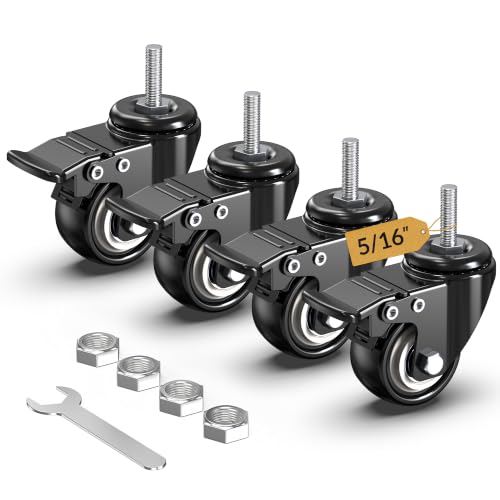 Image of HOLKIE Caster Wheels 2 inch Total Locking Stem Casters, 5 /16 inch -18 x 1 inch (Stem Diameter 5 /16 inch, Stem Length 1 inch) Threaded Stem Casters Swivel Casters Set of 4 Heavy Duty Castors Black