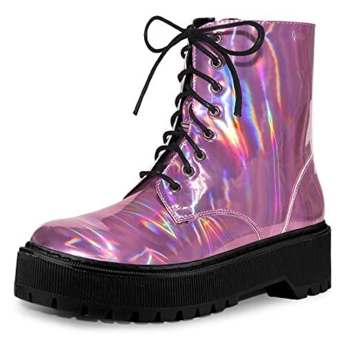 Allegra K Botas de tobillo de combate con cordones con punta redonda para mujer, Rosa/Rebel Fun., 38 EU