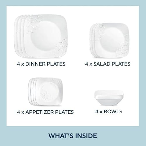 Corelle Cherish 16Pc, Service For 4, Dinnerware Set, 8 Plates 8 Bowls, Chip & Break Resistant, Dinner Plates And Dinner Bowls, Corelleware Plates, White #TOP5