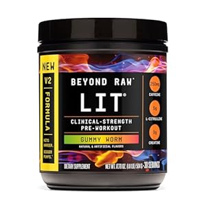 BEYOND RAW LIT V2 Clinical Strength Pre Workout Powder, Hits Harder, Bigger Pumps, Caffeine, L-Citrulline, Creatine, Gummy Worm, 30 Servings
