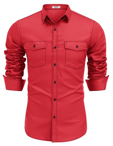 COOFANDY Mens Western Cowboy Shirts Cotton Long Sleeve Shirts with Two Pockets Embroidered