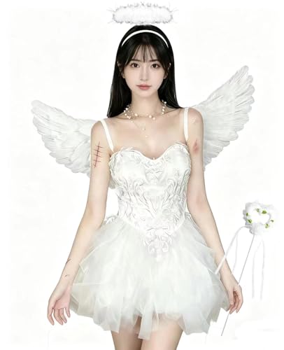 [KALAOK] ワンピース お揃い コスチューム 仮装 セット 双子コーデ デビル 天使 羽根付き ホワイト 白 M（Amazon）