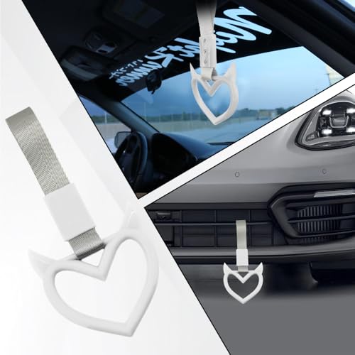 Image of 2PCS Heart shaped Car Handle Straps, Heart Car Accessories, Ring Hearts Shaped Cars Hand Strap Drift Charm, Universal Handle Keychains Accessory Suitable for Cars Bus (White+silver)