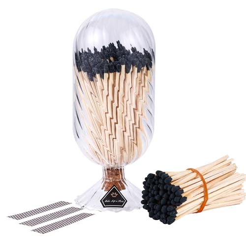 100Pcs 4'' Decorative Black Matches Cloche with Striker, Safety Matches for Candles, Match Holder with Candle Matches, Matches in a Jar with Striker, Long Fireplace Matches for Fireplace BBQ Grill