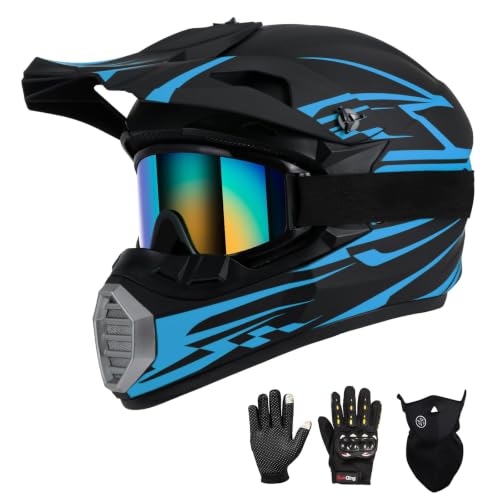 Youth Kids Motocross Helmet DOT Approved, Adult ATV Dirt Bike Off-Road Full Face Motorcycle Helmet with Goggles Gloves Mask for Boys Girls,Lightweight Breathable for Riding (Racing Blue, X-Large) by TIANDU - Used condition - US$54.14