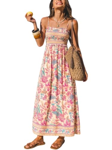 Image of CUPSHE Women Spaghetti Straps Boho Maxi Dress Summer Sleeveless Smocked Floral Beach Long Dress Flowy Cruise Vacation Outfits