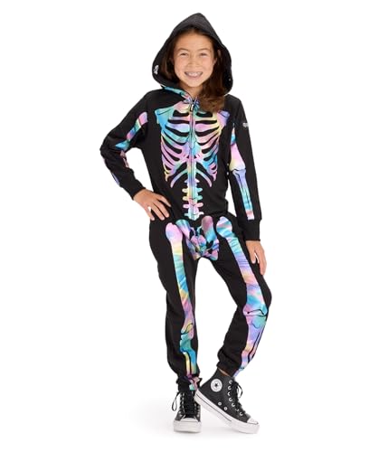 Tipsy Elves Kids Skeleton Halloween Costume - Unisex Jumpsuit for Boys and Girls - Youth Spooky Iridescent Skeleton Halloween Costume Size Medium